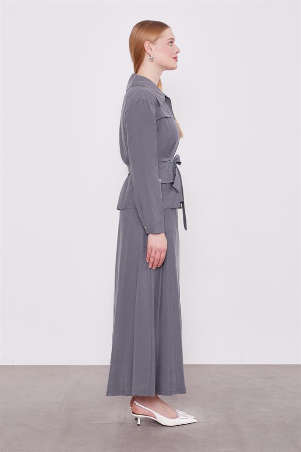 Gri Kuşak Detaylı Etek Takım