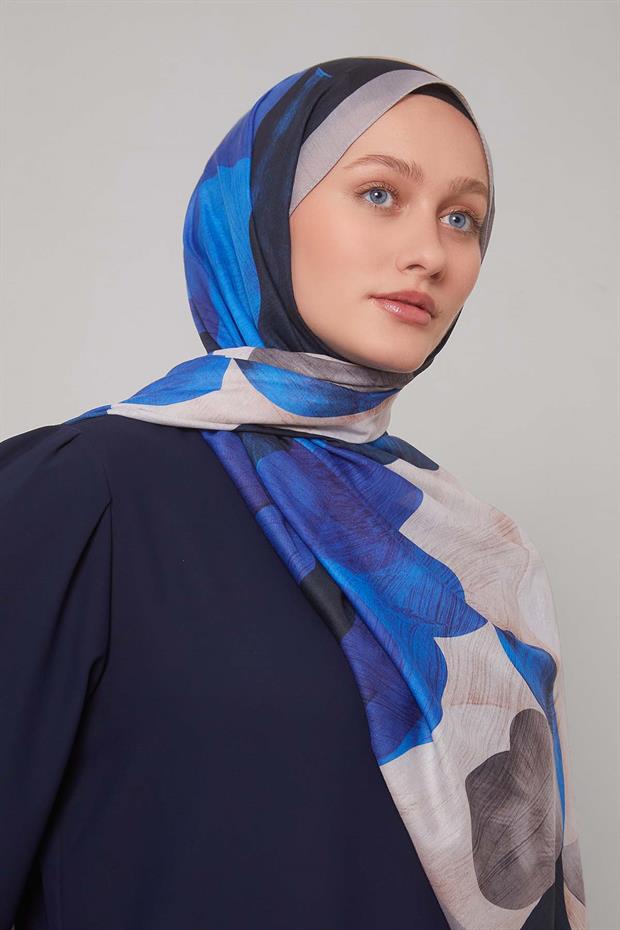 Gri - Lacivert Çiçek Desen Sport Şal