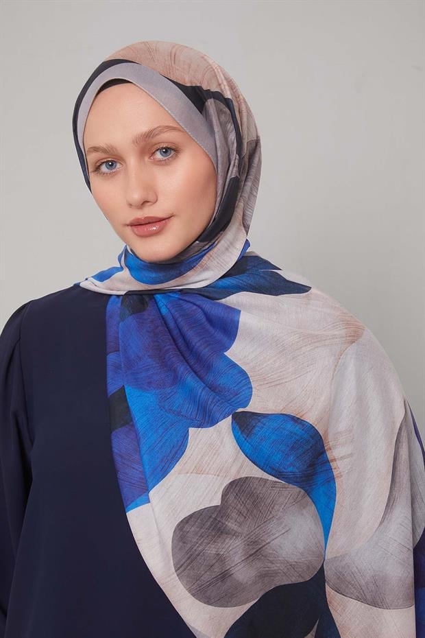 Gri - Lacivert Çiçek Desen Sport Şal