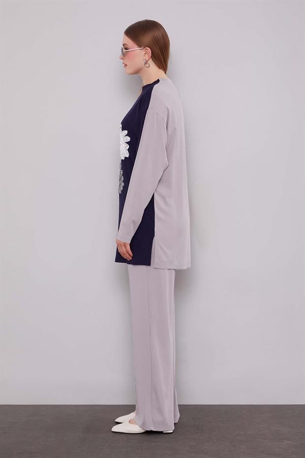 Gri - Lacivert Çift Çiçek Motifli İkili Takım