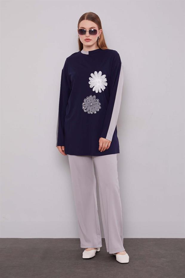Gri - Lacivert Çift Çiçek Motifli İkili Takım