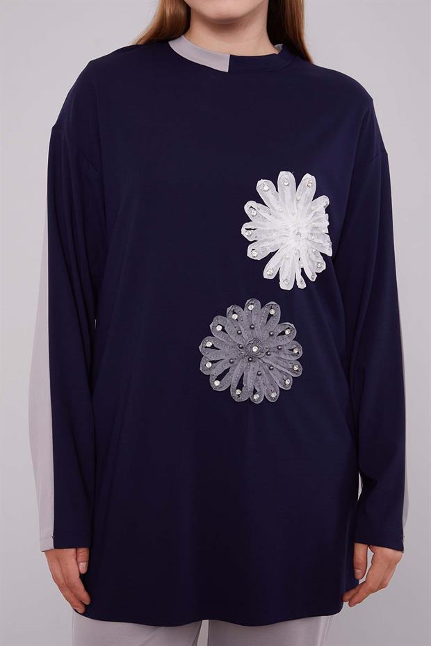 Gri - Lacivert Çift Çiçek Motifli İkili Takım