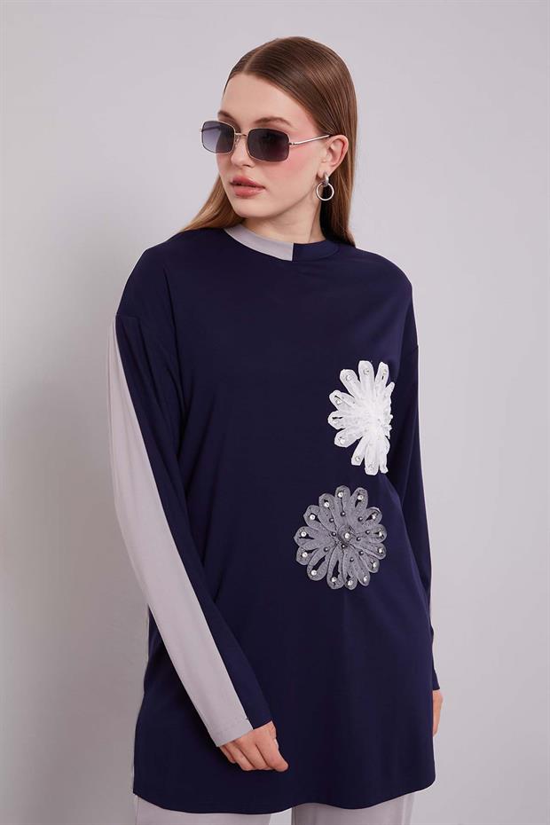 Gri - Lacivert Çift Çiçek Motifli İkili Takım