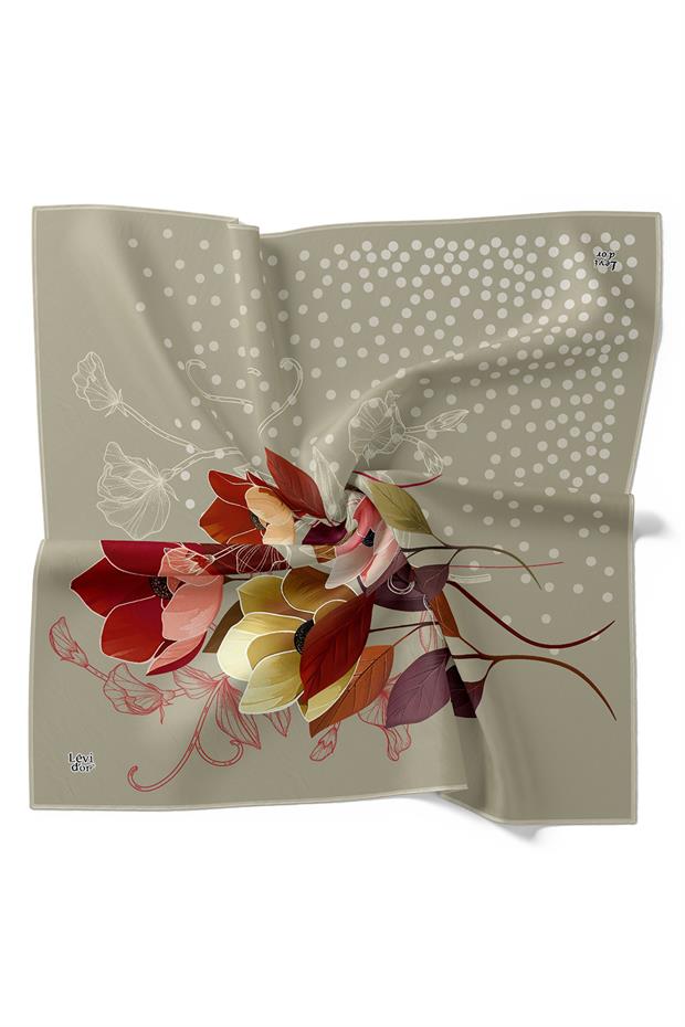 Gri Lotus Çiçek Desen Twill İpek Eşarp