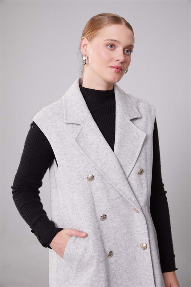 Gri Maxi Boy Kaşe Yelek