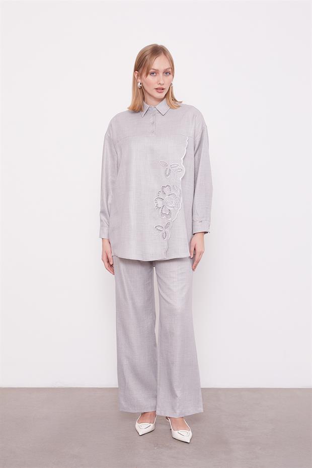 Gri Nakış Gül Detaylı Tunik Takım