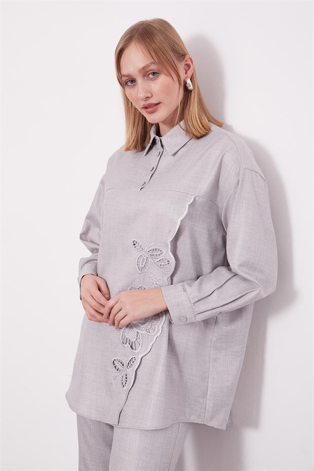 Gri Nakış Gül Detaylı Tunik Takım