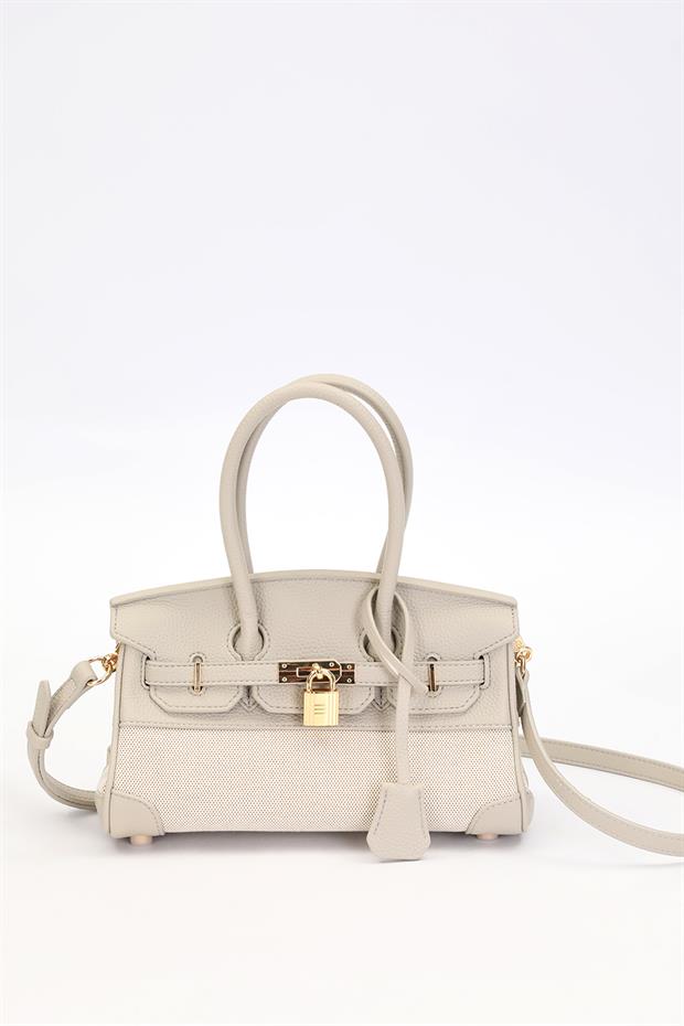 Gri Oval Kilit Detay El Çantası