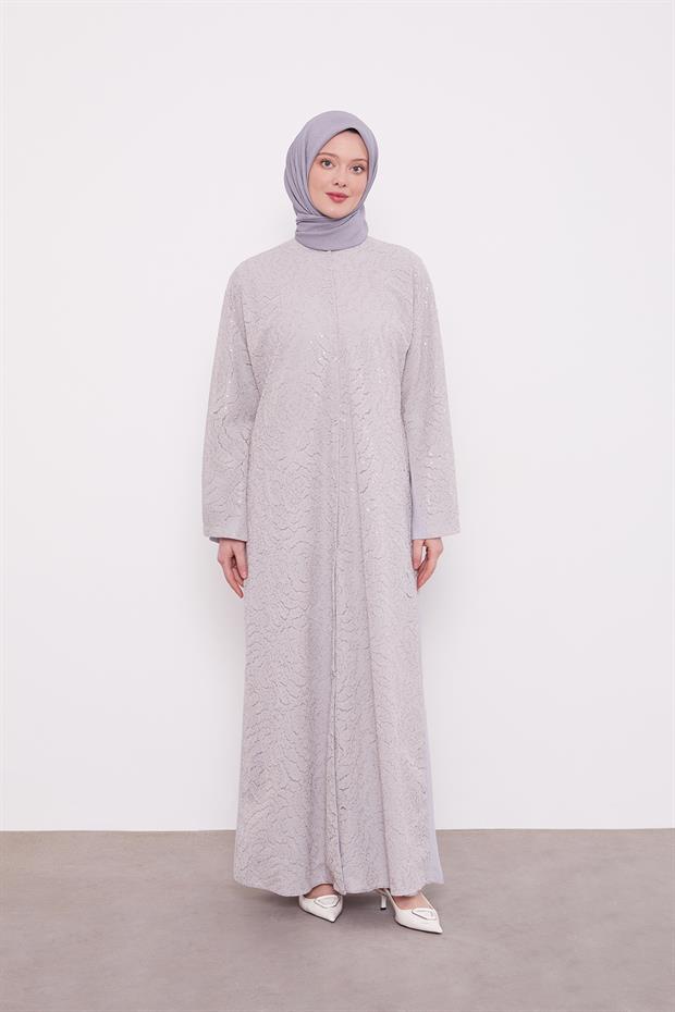 Gri Payet İşlemeli Kuşaklı Ferace