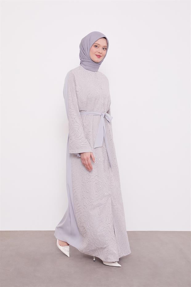 Gri Payet İşlemeli Kuşaklı Ferace