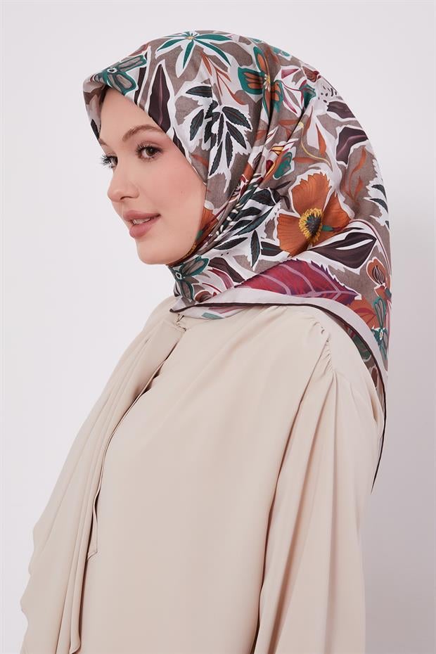 Gri Petunya Desen Twill İpek Eşarp