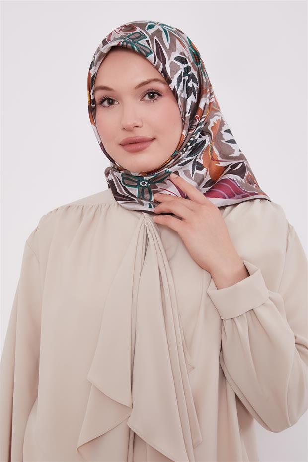 Gri Petunya Desen Twill İpek Eşarp