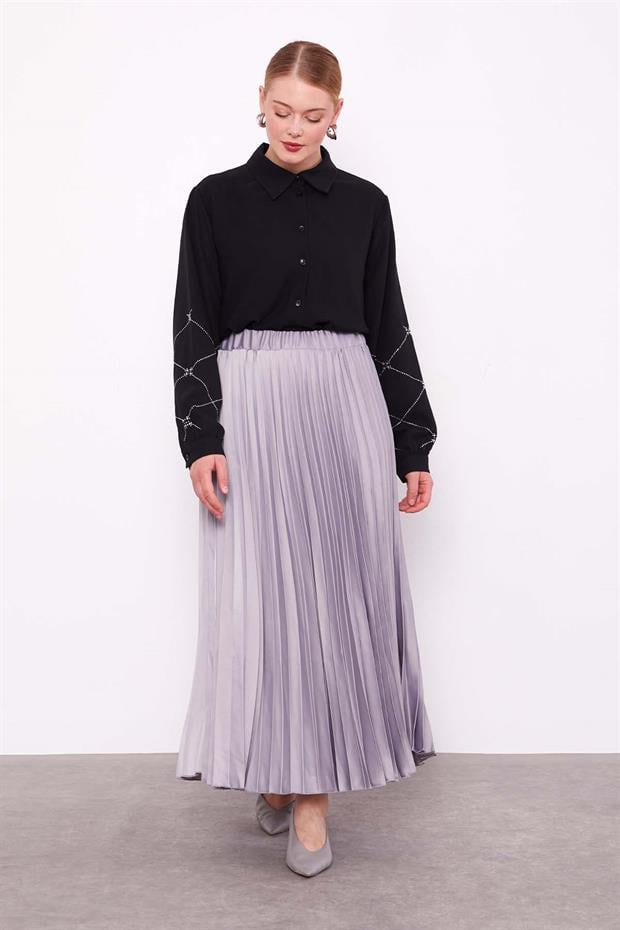 Gri Piliseli Saten Etek