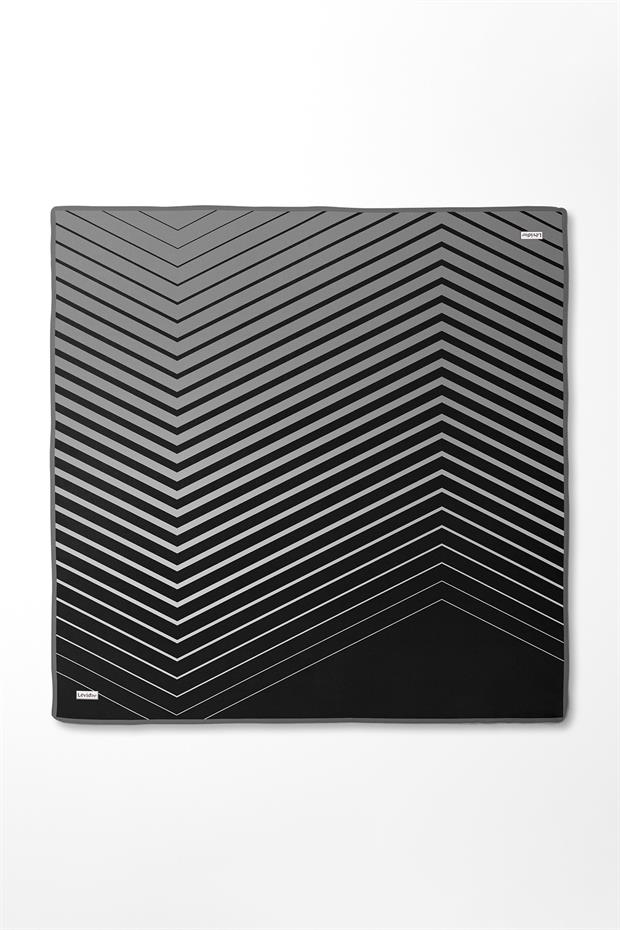 Gri Şerit Desenli Twill İpek Eşarp