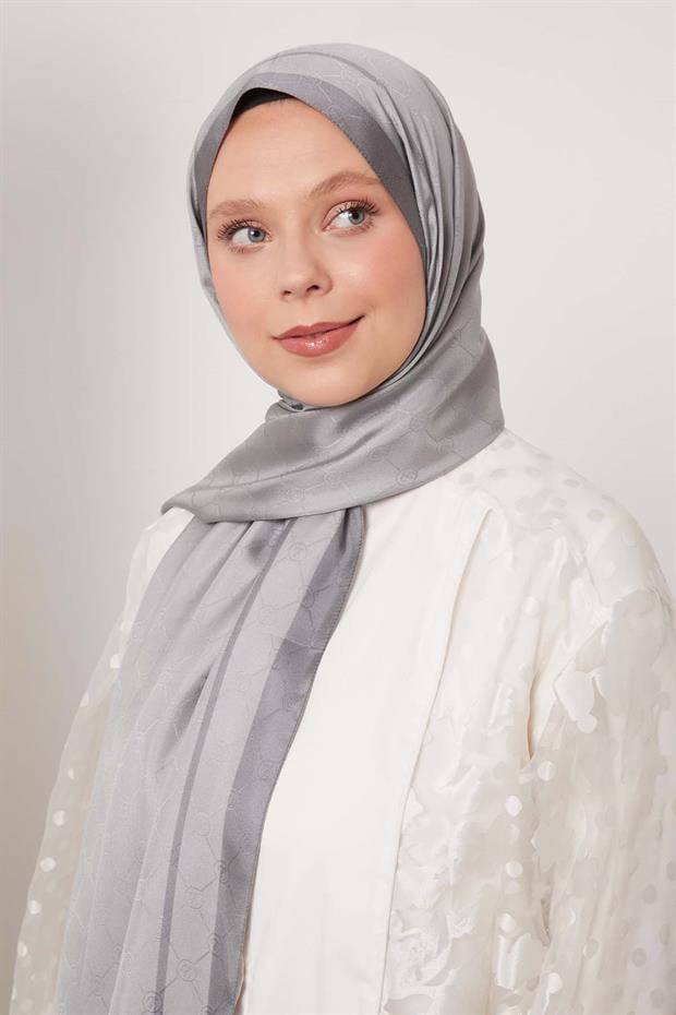 Gri Şerit Detay Monogram İpek Şal