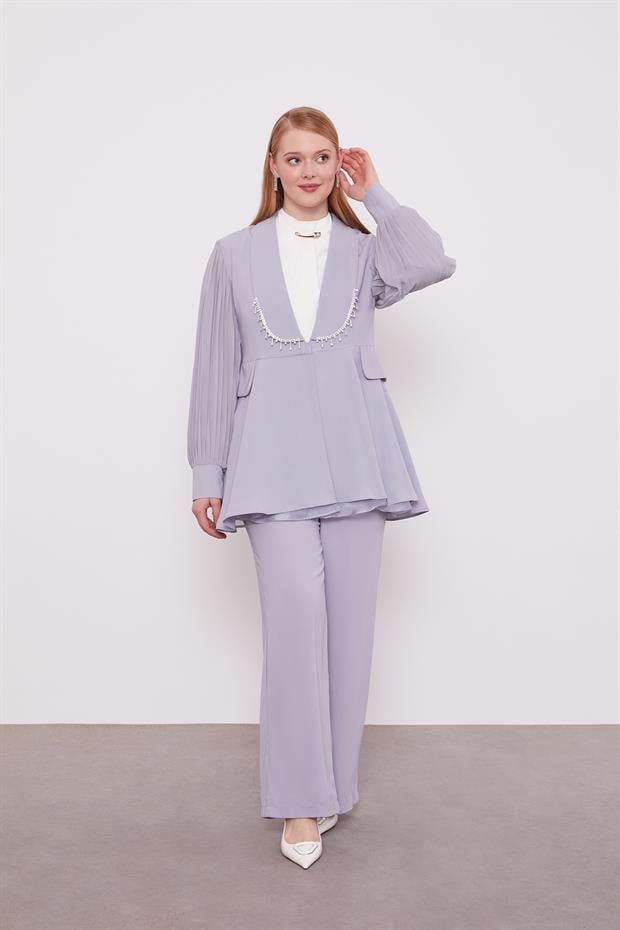 Gri Şifon Kollu Taş Detay İkili Takım