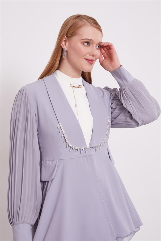 Gri Şifon Kollu Taş Detay İkili Takım