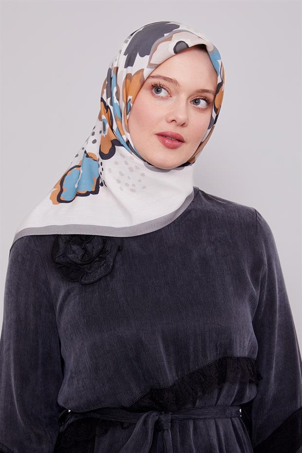 Gri Soyut Çiçek Desen Aura Eşarp