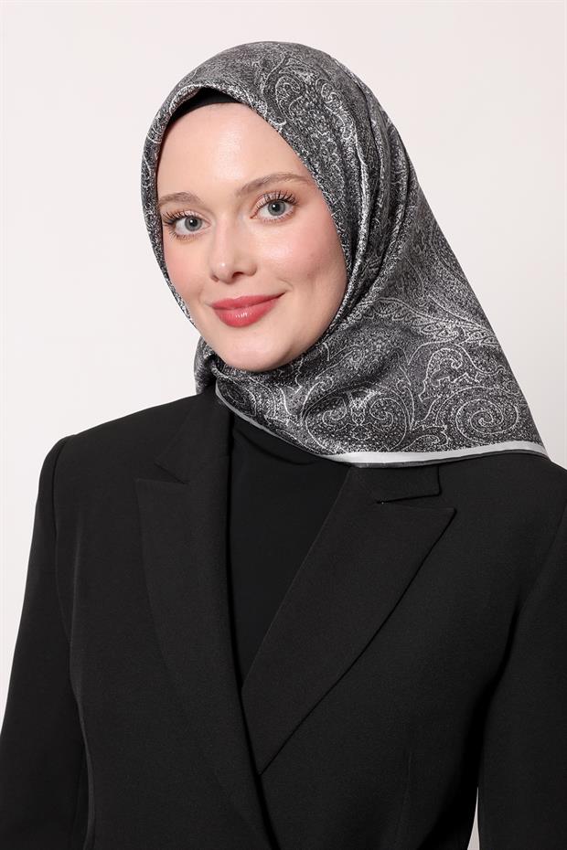 Gri Soyut Etnik Desen Twill İpek Eşarp