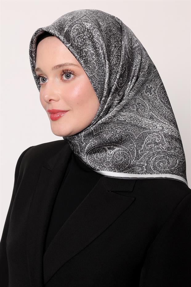 Gri Soyut Etnik Desen Twill İpek Eşarp