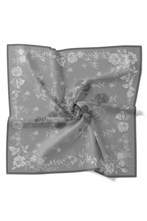 Gri Soyut Gül Desen Twill İpek Eşarp