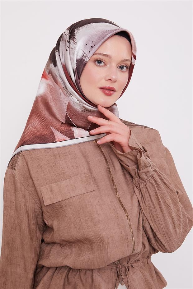 Gri Yansıma Yaprak Desen Twill İpek Eşarp