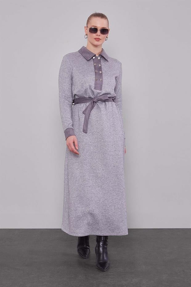 Gri Süet Garnili Kaşmir Elbise
