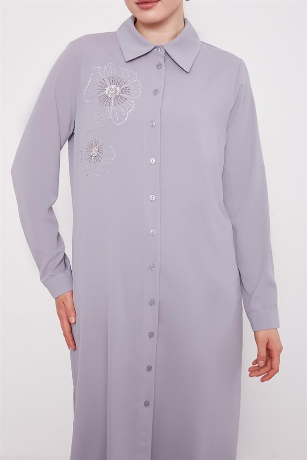 Gri Taş Çiçek Desen Baskılı Tunik