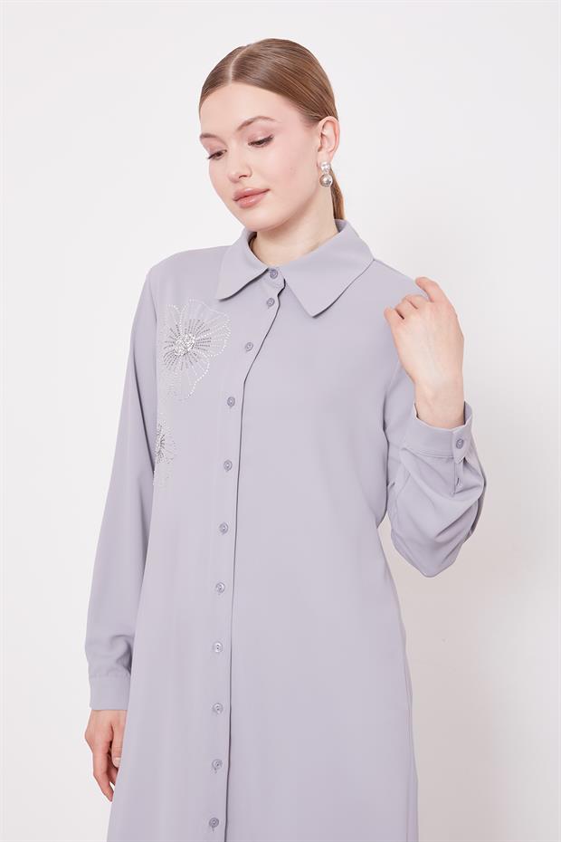 Gri Taş Çiçek Desen Baskılı Tunik