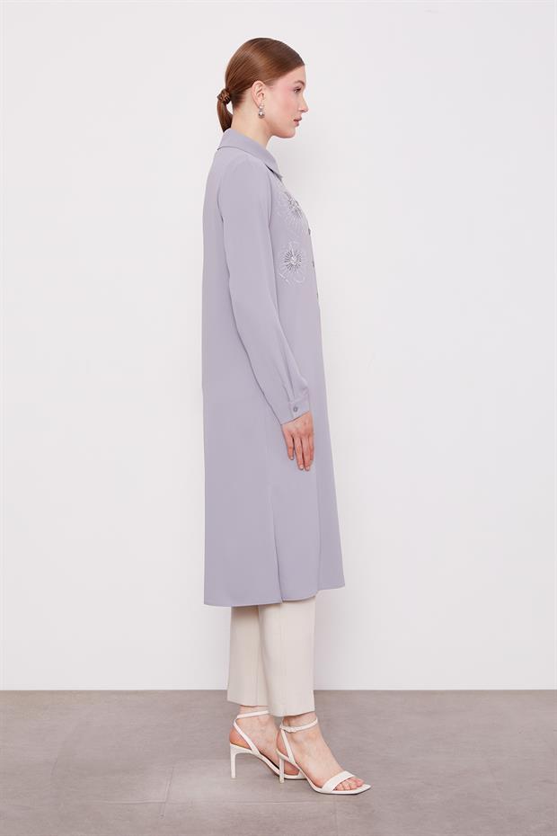 Gri Taş Çiçek Desen Baskılı Tunik