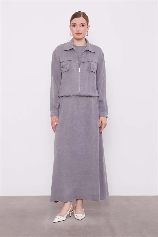 Gri Taş Detaylı Fermuarlı Ceket Takım