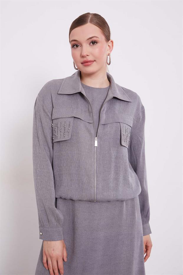 Gri Taş Detaylı Fermuarlı Ceket Takım