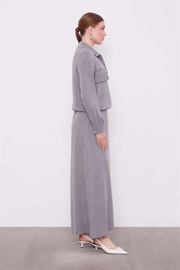 Gri Taş Detaylı Fermuarlı Ceket Takım