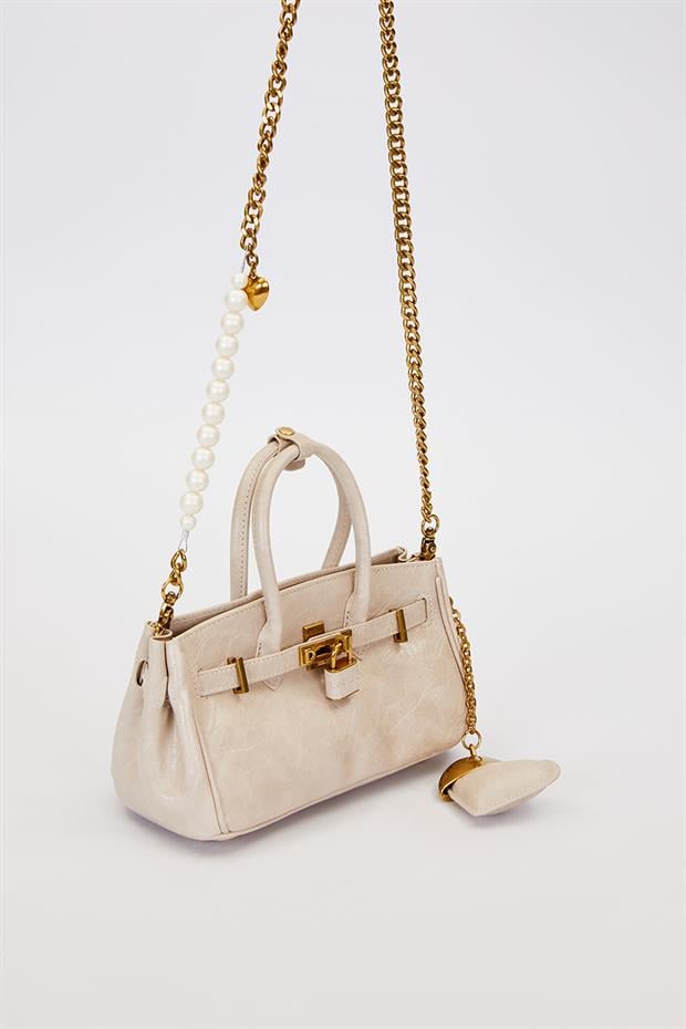 Gri Uzun İnci Askılı Omuz Çantası