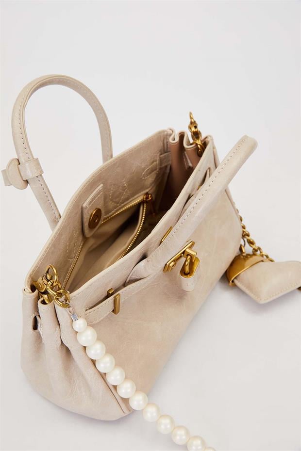 Gri Uzun İnci Askılı Omuz Çantası