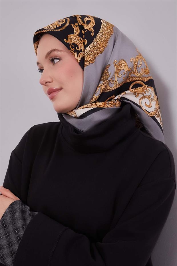 Gri Varak Desen Twill İpek Eşarp