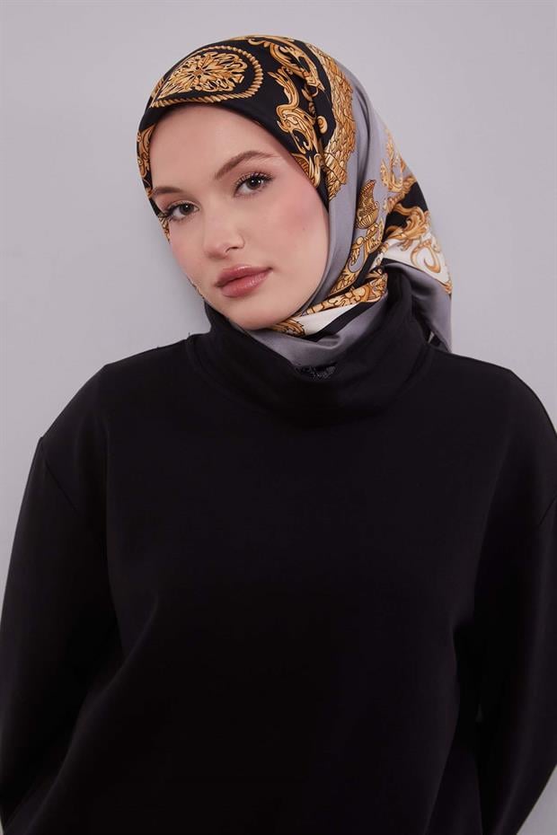 Gri Varak Desen Twill İpek Eşarp