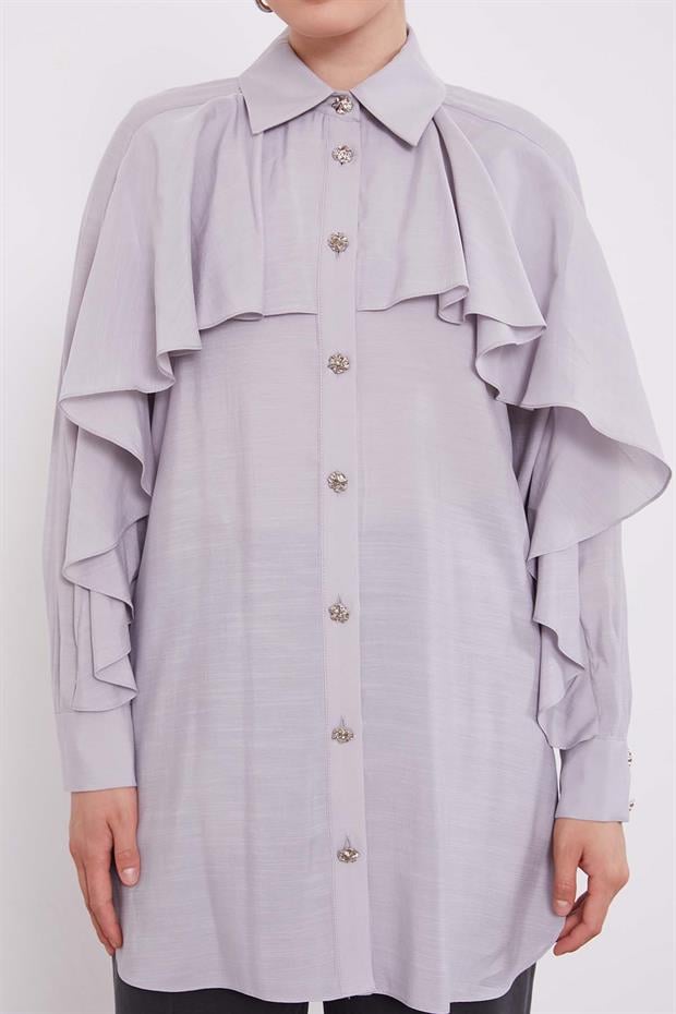 Gri Volan Detay Düğmeli Gömlek