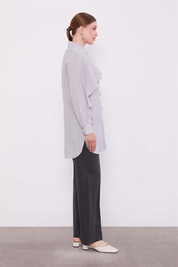 Gri Volan Detay Düğmeli Gömlek