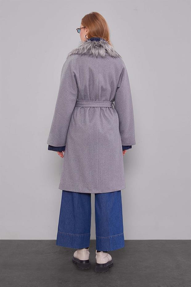 Gri Yakası Küklü Kuşaklı Kaşe Kaban