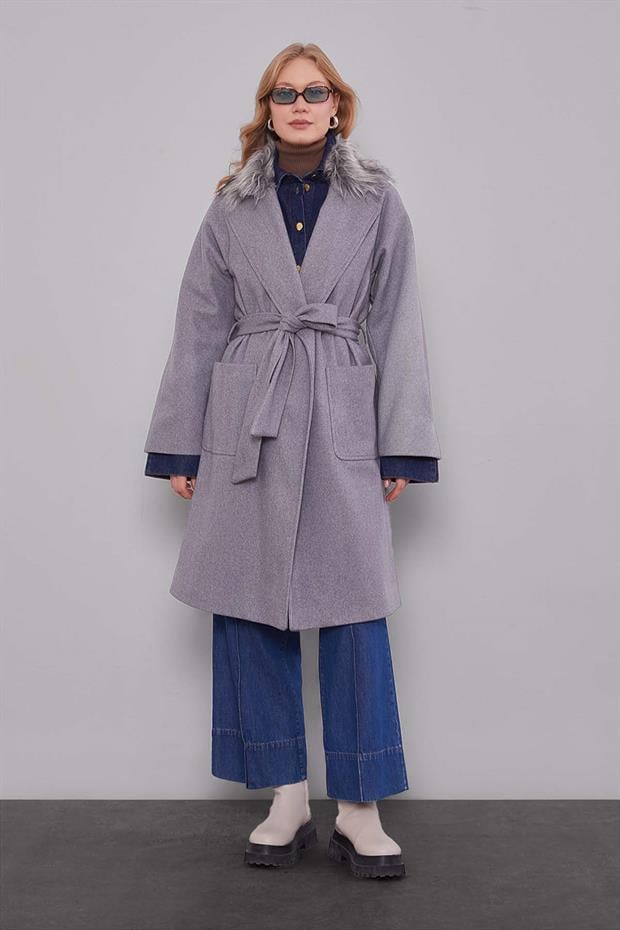 Gri Yakası Küklü Kuşaklı Kaşe Kaban