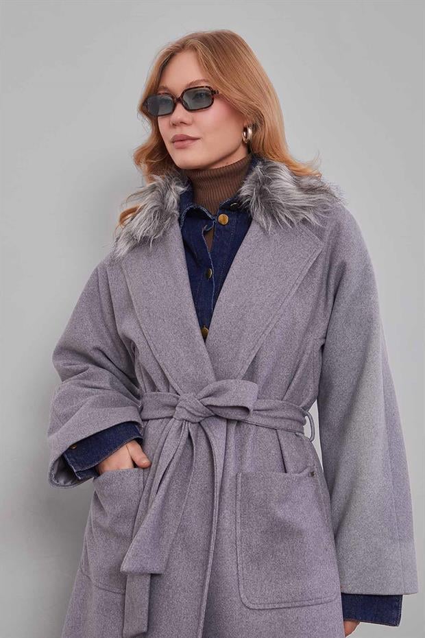 Gri Yakası Küklü Kuşaklı Kaşe Kaban