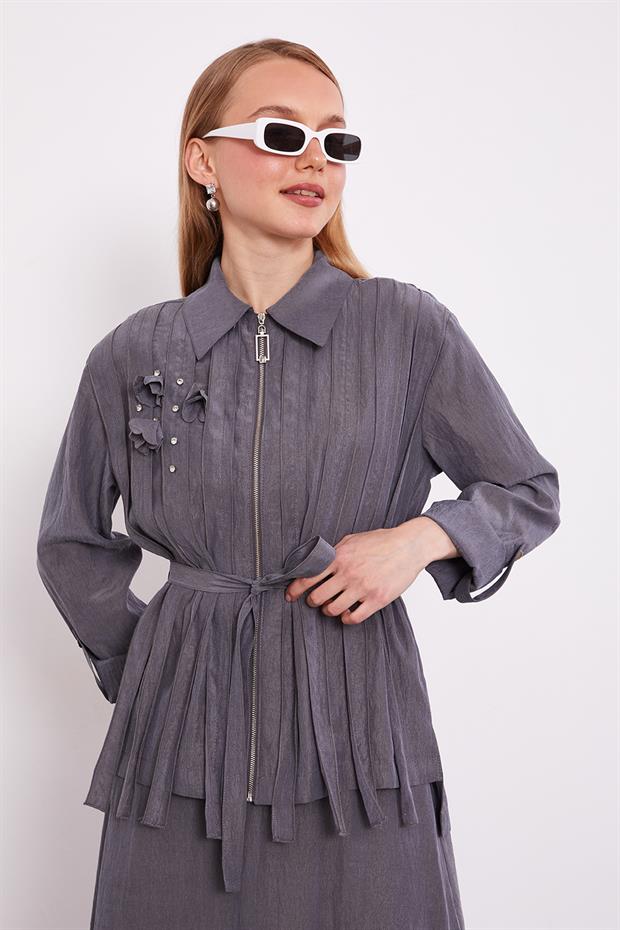 Gri Yakası Taş Detaylı Cupra Etek Takım