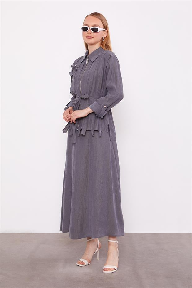 Gri Yakası Taş Detaylı Cupra Etek Takım