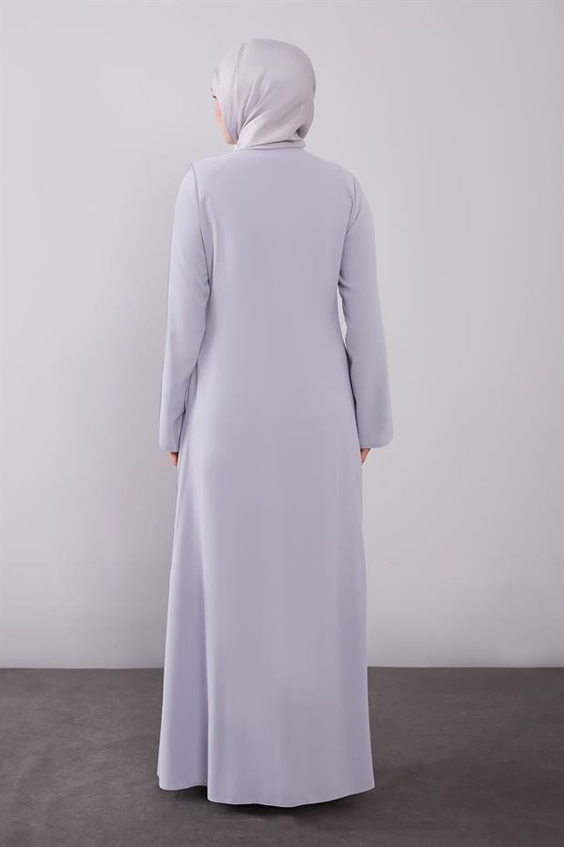 Gri Yanları İp Bağlamalı Taş İşlemeli Ferace