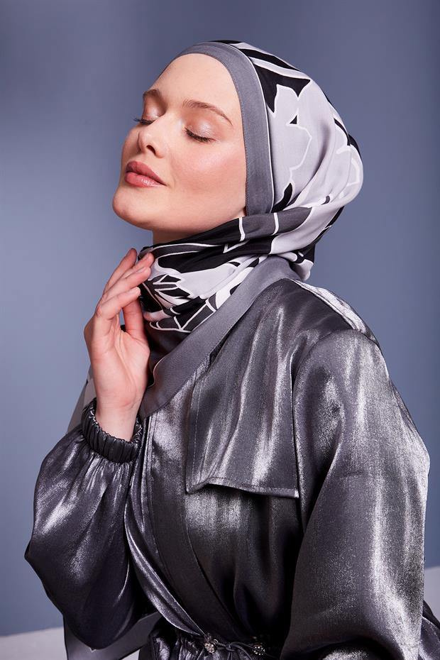 Gri Yaprak Desen Royal Şal