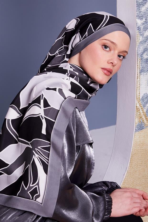 Gri Yaprak Desen Royal Şal