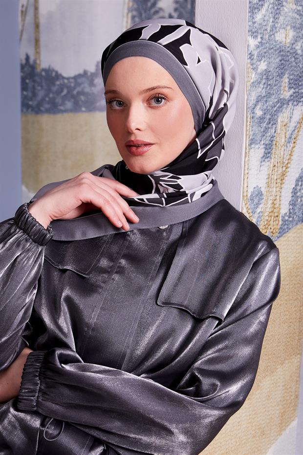 Gri Yaprak Desen Royal Şal
