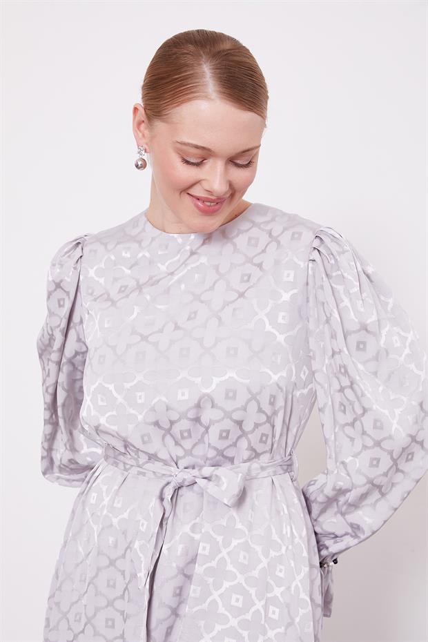 Gri Yonca Desen Elbise
