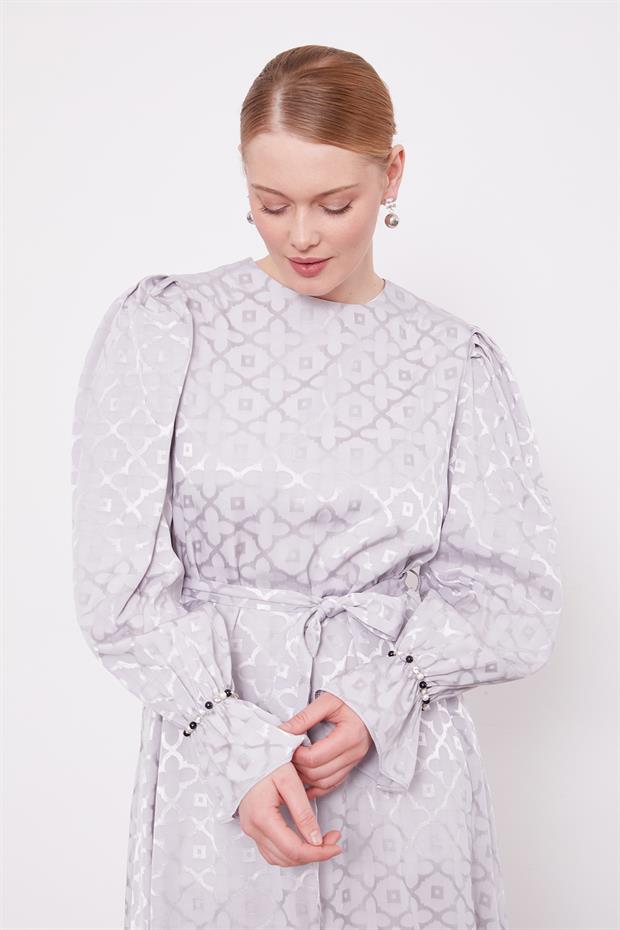 Gri Yonca Desen Elbise